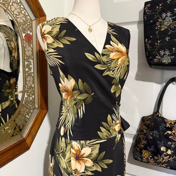 VTG 90s Maggy L Black, Yellow & Green 100% Silk Tropical Floral Wrap Midi Dress - Picture 2 of 8